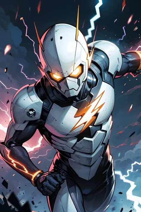 ((illustration)), (best quality)), ((masterpiece)), (detailed), ((lightning)), armorsuit, solo, 1boy, male focus, lean, full armor, speedster, running, black and white armor, glowing chest, mechanical suit, comic, face cover, glowing eyes, flash, dark colo...