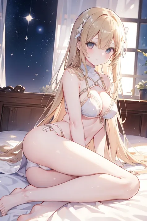 Asuna, Asuna_(Star), 1 girl, fantasy, high resolution, watching_leave, watching_arrive_this_side, The original, actual, FULL body, Smile, Lying on the bed in underwear,overlooking angle