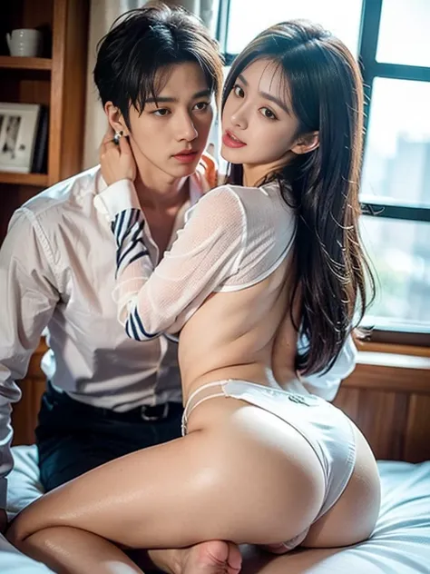 An old man and a young girl, the man is 65 years old, ugly and fat to er tight wet pussy in cowgirl position  sex , wears a white shirt and black trousers,  a korean young girl, 18 years old, white skin and black long hair, perfect body proportions, big , ...