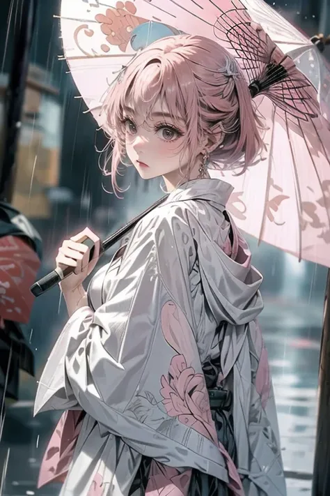 1girl,solo,cute,pink hair,hold a umbrella,paper umbrella,rainy,in town