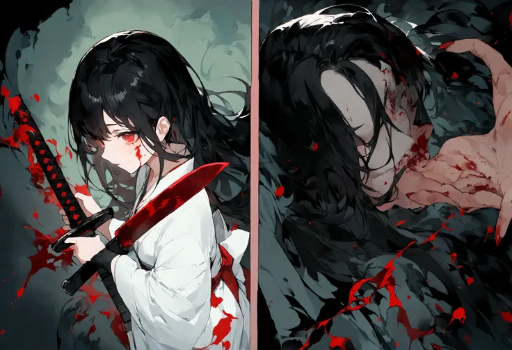 Black Hair Girl、Red eyes、Very delicate and beautiful eyes、Holding the sword with both hands、Girl with blood on her face, Dark fantasy, Horror、Very detailed, White kimono、Perfect hands, Perfect Anatomy,Rear View、profile、（Samurai sword：1.5） ）、Draw your sword...