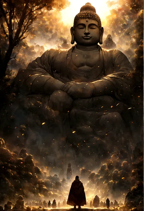 A huge Buddha statue seen in the distance, stone, texture, expensive, Majestic, The background is illuminated by sunlight.，Inverted Image，side，Pilgrims&#39; Path