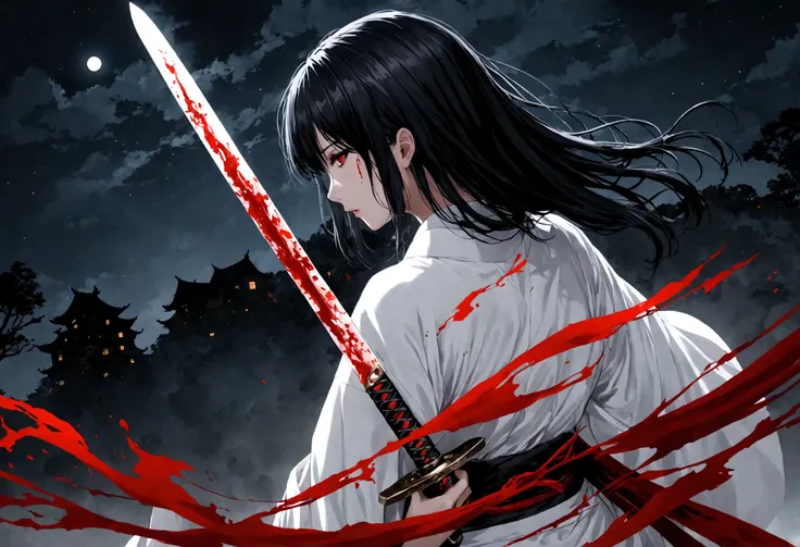 Black Hair Girl、Red eyes、Very delicate and beautiful eyes、Holding the sword with both hands、Girl with blood on her face, Dark fantasy, Horror、Very detailed, White kimono、Perfect hands, Perfect Anatomy,Rear View、profile、（Samurai sword：1.5） ）、Draw your sword...