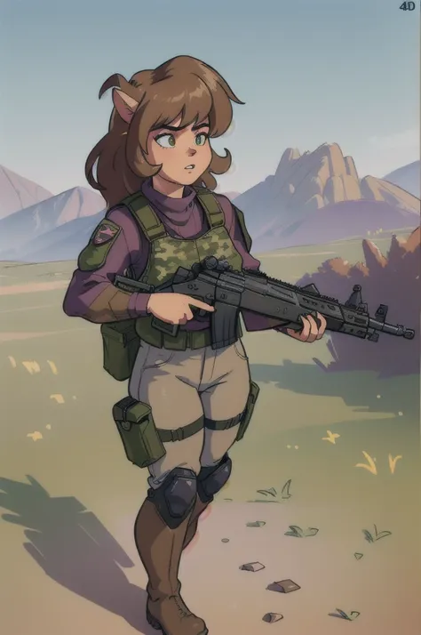 a cartoon girl with a rifle, brown hair, purple sweater, bulletproof vest, camouflage pants, military boots, female mercenary fu...