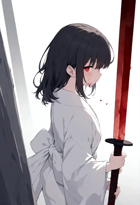 Black Hair Girl、Red eyes、Very delicate and beautiful eyes、Holding the sword with both hands、Girl with blood on her face, Dark fantasy, Horror、Very detailed, White kimono、Perfect hands, Perfect Anatomy,Rear View、profile、（Samurai sword：1.5） ）、Draw your sword...