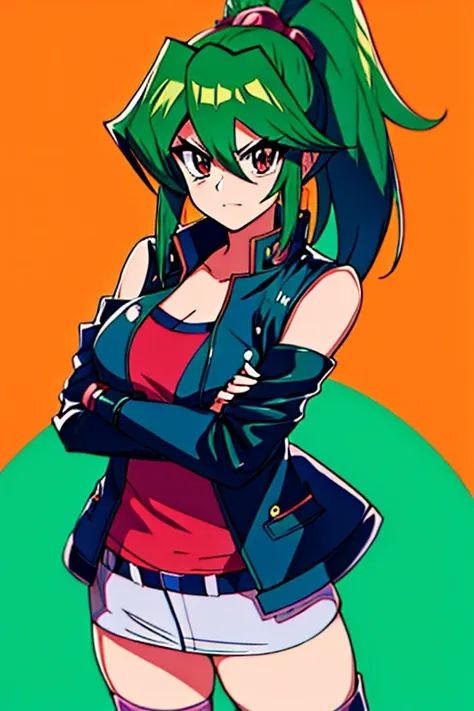 Yu-Gi-Oh、JK、Green Hair、ponytail、Height 156cm、C Cup、Leather jacket、Arms crossed、one person、Embarrassed