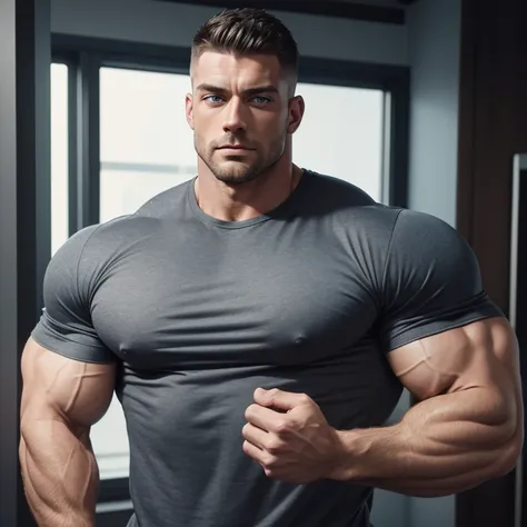 a very handsome adult man, with blue eyes, with Mid fade haircut, massively muscular, with massively large muscles, with muscular body, with massively large and muscular arms, wearing a dark gray shirt, unposed, seen from close