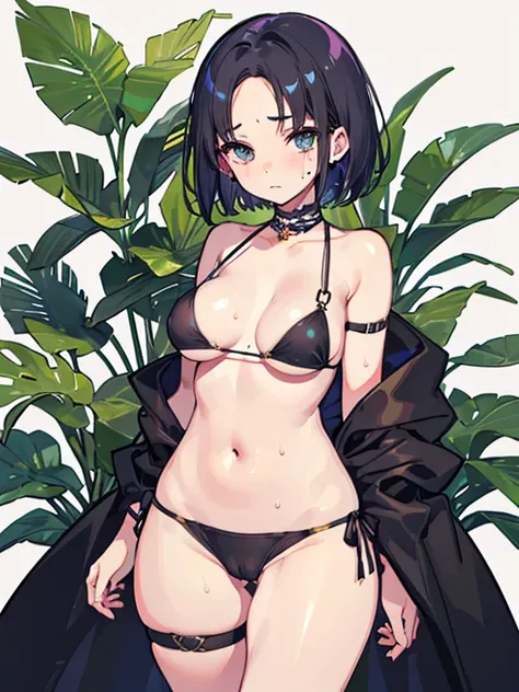 1 girl, high quality, (short hair), forehead, (medium breast), (straps on thighs:1.3), white background, plants, (stocking), (sweaty:1.1), (nipples:0.8), thick thighs, (middle Ages:1.2), (cameltoe:1.1), bikini