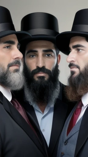 group of   haredi men,  gathered together, focus on the characters faces.