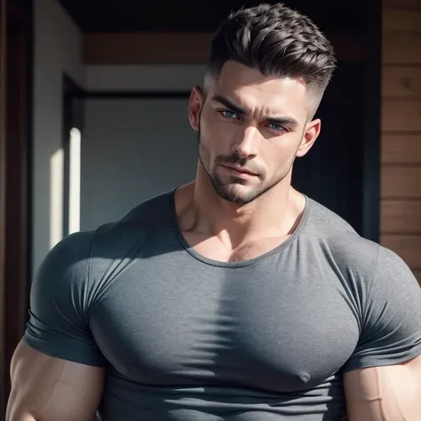 a very handsome adult man with blue eyes, with Mid fade haircut, massively muscular, with massively large muscles, with muscular body, wearing a dark gray shirt, unposed, seen up close