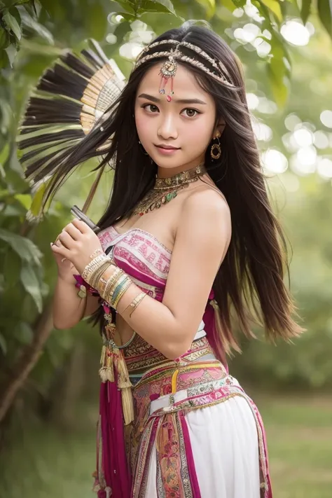 16 years old indonesian young girl long black hair pretty face beautiful breast white skin, wearing strapless sleeveless dayak t...