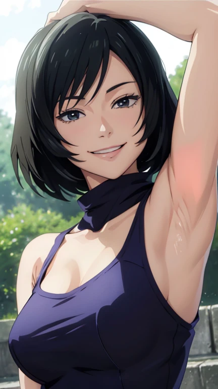 Mai, Portrait, masterpiece, 8k, ultra high quality, ultra realistic, ultra high definition, anime art, smiling, cute, seductive, armpits visible