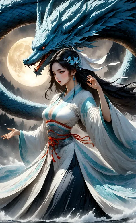 highest quality, Ultra-high resolution,A beautiful shrine maiden is dancing in front of a giant dragon.、Dynamic Movement、Full moon night、Real、The dragon&#39;s head１t、竜の胴は一t、Fantasy、Swirling water flow