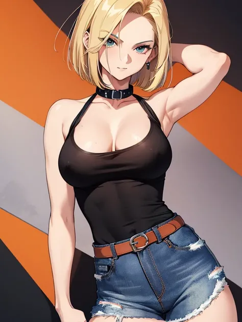 Android１８Number、Denim triped shirt、Black tank top, NSFW, collar, UHD, retina, masterpiece, ccurate, anatomically correct, textured skin, super detail, high details, high quality, best quality, highres, 4K