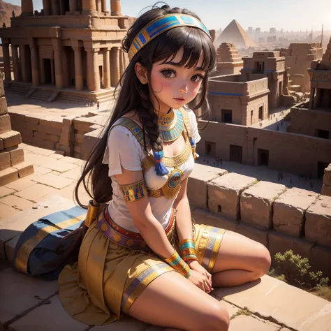 Cute Ancient Egyptian Girl、A hill overlooking the colorful temples of ancient Egypt、A colorful view of the whole city