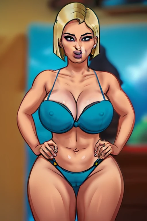 Dragon sphere, Android 18, 1 garota, ((boba))), cabelo loiro curto, olhos azuis, swollen lips, painted lips, thick lips, quadris largos, coxas grossas, enorme peito falso redondo, enorme bunda redonda de Bella bellz, pele brilhante, High waist bikini, mami...