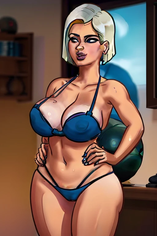 Dragon sphere, Android 18, 1 garota, ((boba))), cabelo loiro curto, olhos azuis, swollen lips, painted lips, thick lips, quadris largos, coxas grossas, enorme peito falso redondo, enorme bunda redonda de Bella bellz, pele brilhante, High waist bikini, mami...