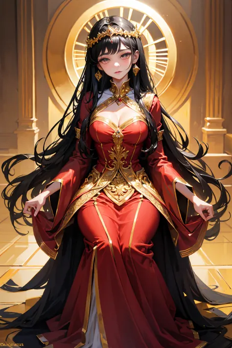 masterpiece,highest quality, Very detailed, beautiful,16k, Full HD,Black Hair,Golden Eyes,Princess,Red dress,Headdress