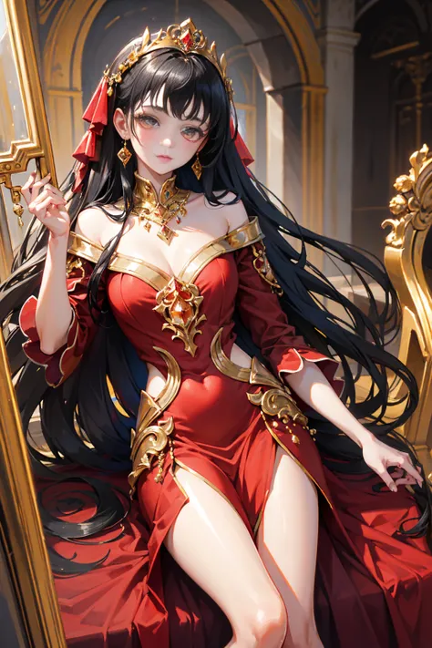 masterpiece,highest quality, Very detailed, beautiful,16k, Full HD,Black Hair,Golden Eyes,Princess,Red dress,Headdress