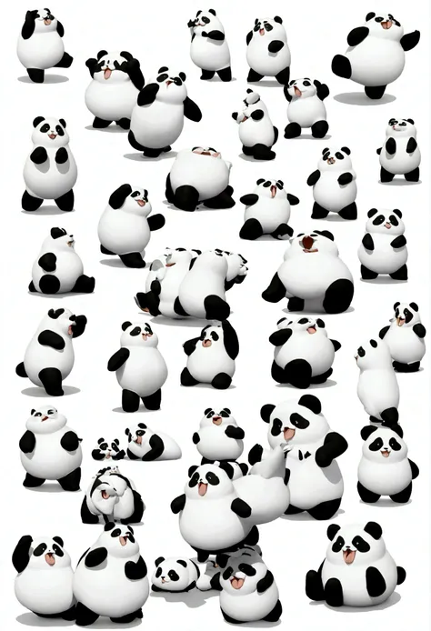 Chubby cute fluffy pandas, a fluffy::2 Exaggerated facial expressions, exaggerated action, 3D figures, Solid background, elongated shapes, cartoon style