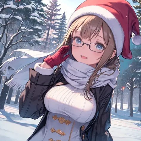 One Girl、Big Breasts、Shining Snow、A park with a big Christmas tree、Christmas decorations、Falling snow、Winter clothes、Glasses、Scarf、Woolen hat、Woolen gloves、Looking up at the sky、Angle from below、Im thrilled、laughing、