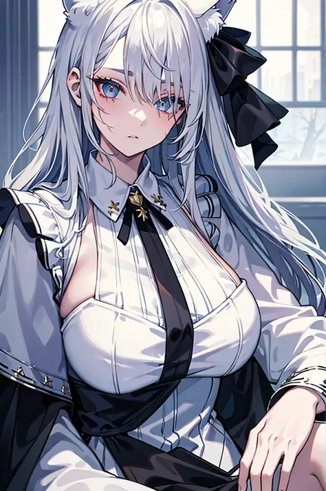 best qualtiy，tmasterpiece，The is very detailed，4K，Gray hair and shallow eyes，Drag cool expressions，Wolf ears，Erect scar on the left eye，British style，1girl，Absolutely beautiful, big bust, white costume, ear ribbon