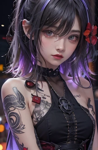 highest quality、8k、masterpiece：1.3、Gothic Punk、The inner color is red、Gray Black Hair、hair ornaments、beautiful girl、creative、Punk Shirt、Neogoth、Goth Fashion：1.2、High resolution、masterpiece、highest quality、頭w:1.3、((Hasselblad Photos))、Fine skin、Sharp focus、...