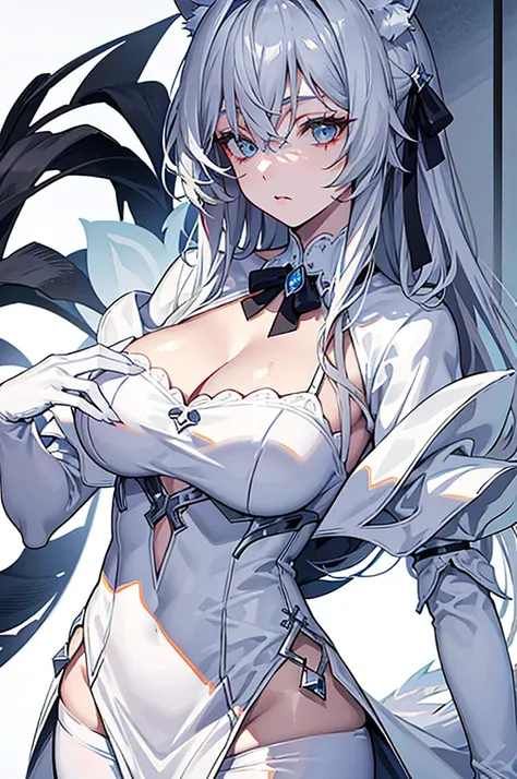 best qualtiy，tmasterpiece，The is very detailed，4K，Gray hair and shallow eyes，Drag cool expressions，Wolf ears，Erect scar on the left eye，British style，1girl，Absolutely beautiful, big bust, white costume, ear ribbon