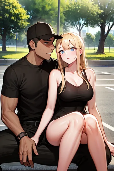 handsome black guy kisses hot blonde white girl at the park