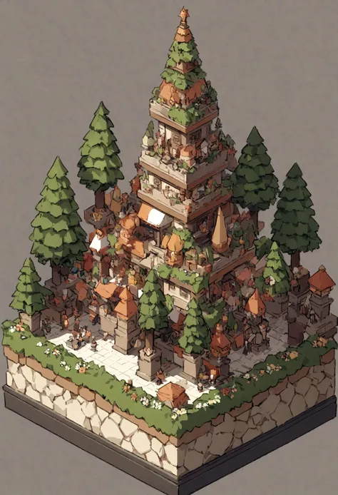 absurdres, best quality, fantasy, isometric, knolling style of (miniature tree tower:1.2,flower,parade), tree, stone wall, (simple background:1.2),