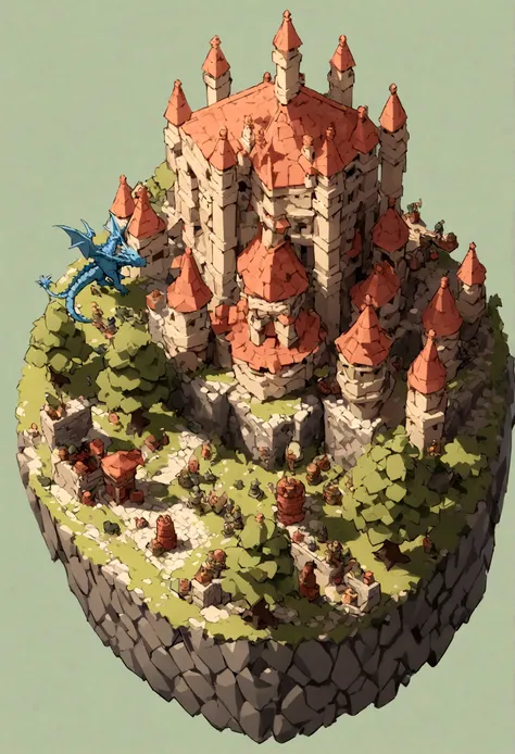 absurdres, best quality, fantasy, isometric, knolling style of (miniature brick round tower:1.2,Dragon,Soldier), tree, stone wall, (simple background:1.2),