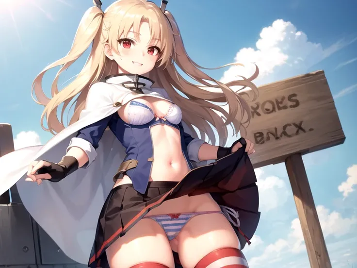 (ultra-highdetail, 8k quality, best quality, extremely detailed illustration,intense shadows, high quality anime illustration, anime coloring,), (cleveland, azur_lane, american_flag_legwear, black_gloves, blonde_hair, black fingerless gloves, ulticolored_c...