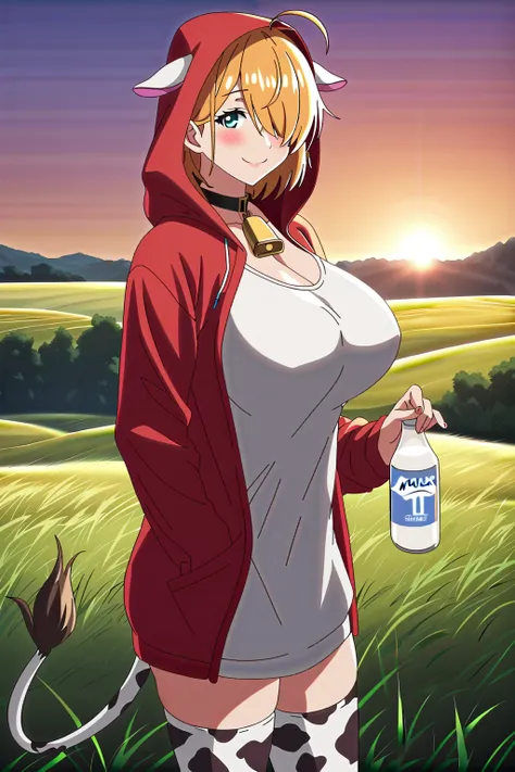 score_9, score_8_up, score_7_up, BREAK, source_anime,1girl,  field, sunset, solo focus,  smile, blush, standing, (from side), looking at viewer, large breasts, wizshadow, ahoge, hair over one eye,  cross, hood,  jewelry, cow print long sleeves and stocking...