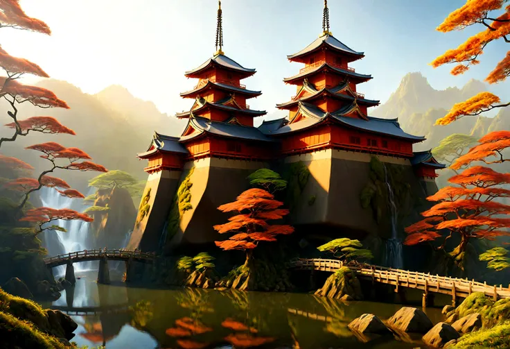 an award winning picture, National Geographic style, Arafed, magnificent artistic picture of a (Japanese medieval castle: 1.4) (masterpiece, best detailed: 1.4)on a mountain range near a lake at dusk, fantasy art D&D art, castle, with towers, turrets, barb...