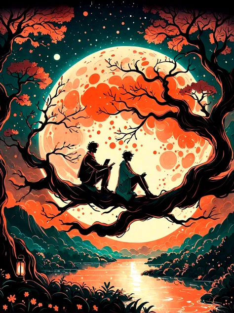 Cartoon hand drawn, Romantic ancient style，night，Backlight，A man and a woman sitting on a tree branch，There is a full moon behind，Alexander，repeat，Fresh colors，Soft colors，Diode lamp，Concept art style，extremely intricate details，Clear distinction between l...