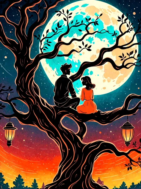 cartoon hand drawn, romantic ancient style，night，backlight，a man and a woman sitting on a tree branch，there is a full moon behin...