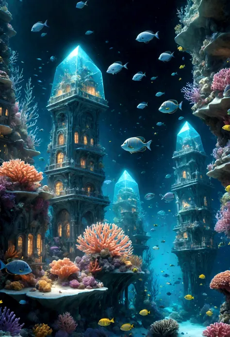 A photorealistic underwater city with glowing corals and exotic sea creatures swimming around the crystal buildings, illuminée par une lumière douce filtrée par leau.