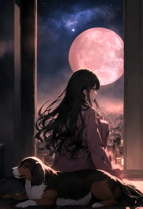 Dog 1、Woman 1、Red miniature dachshund、Red miniature dachshund long hair、dog&#39;color is red、woman with very long black hair、Spectacular views、Night Scene、The view from the top of the hill、Full moon night sky、swirling starry sky、８K、Best Quality、詳しいdogの顔、Th...