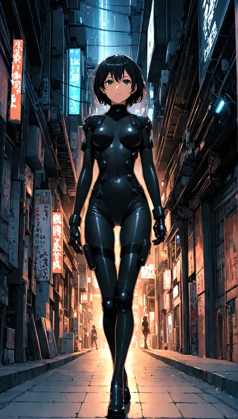 masterpiece, best quality, Japanese Manga, 《GANTZ》, Kei Kishimoto, Solitary, short hair, medium breast, Cyberpunk black combat tights, Thigh gap, 