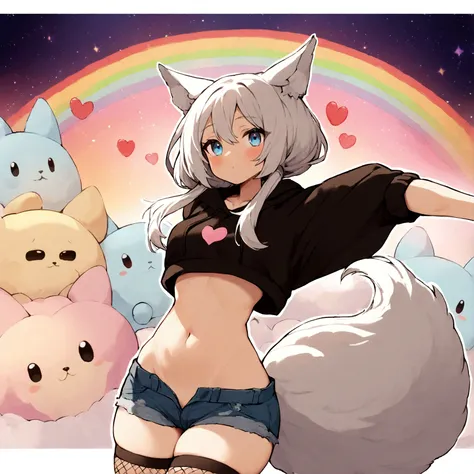 a cute adult male with wolf ears,long white hair with long locks, has a wolf tail, wearing a loose cropped oversized black hoodie, wearing a pair of denim short shorts and thigh high fishnet stockings, thick thighs, wide hips, relaxing on mound of fluffy m...