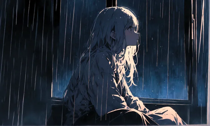 girl,Sitting,Dark Room,Rain on the window,There is rain on the window