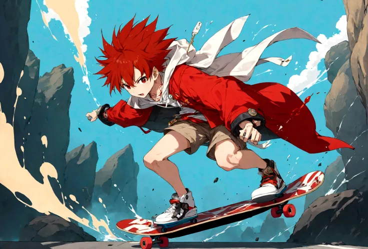 Red hair riding a skateboard、Anime character wearing a red cloak, Chrono Trigger Guilty Gear Style, guilty gear art style, epic anime style, Crono, Guilty Gear Hard Splash Art, Anime epic artwork, Anime Wallpaper, advanced digital anime art ”, High quality...