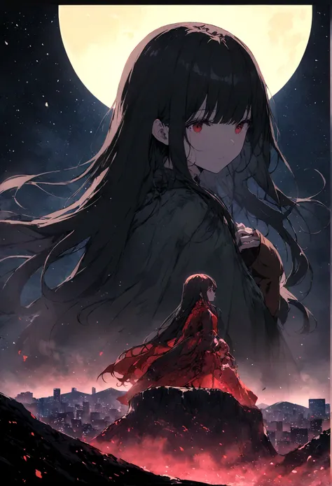 Dog 1、Woman 1、Red miniature dachshund、Red miniature dachshund long hair、dog&#39;color is red、woman with very long black hair、Spectacular views、Night Scene、The view from the top of the hill、Full moon night sky、swirling starry sky、８K、Best Quality、詳しいdogの顔、Th...