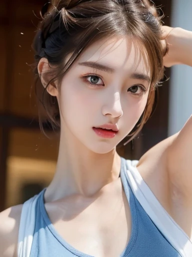 ((best quality, 8K, masterpiece :1.3)), 1 girl, Beautiful woman emphasizing slim abdominal muscles :1.3, (Random hairstyle :1.2), oversized vest :1.2, Super detailed face, delicate eyes, double eyelids, armpit