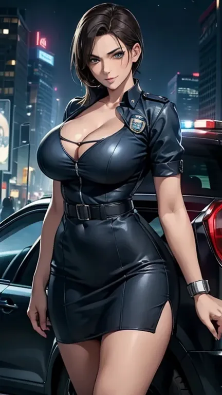 (best quality,Extremely detailed,Reality:1.37),portrait,Cute expression,Sharp eyes,Perfect lips,Confident smile,Cute face,Long eyelashes,full-body shot,Dynamic Viewpoint,1 girl,police officer,Shirt Dress,Night city center,A baton hung on his waist,have,Han...