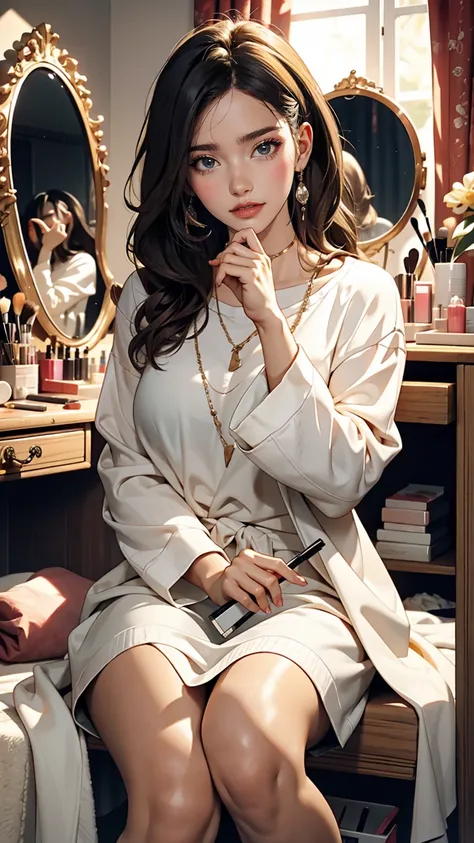 Sitting in front of the dressing table and putting on makeup、Mature Caucasian Woman、