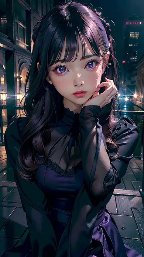 (Best Quality,4k,8K,hight resolution,Masterpiece:1.2),Ultra-detailed,(Realistic,Photorealistic,photo-realistic:1.37), Vivid colors, Dark atmosphere, soft-lighting, Beautiful, Wide Detail ((violet eyes)), handsome body, nice feet, pink blouse, dark knee-len...