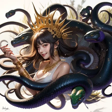 (masterpiece),(best quality:1.0), (ultra highres:1.0), detailed,Woman and snakes、Upper Body、profile、Cool smile、A woman with bare shoulders wearing a white cloth、Ferocious serpent、Real wet scale texture、The surface of the wet scales shines dully.、Menacing s...