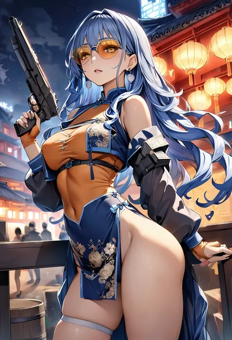 (Perfect Anatomy)、Mastepiece、Ultra High Quality、 8K、masterpiece、highest quality、Ultra-high resolution、Maximum resolution、Very detailed、Professional Lighting、anime、Adult female、thin、so beautiful、China dress、He has a gun、Holding a handgun in both hands、Yello...