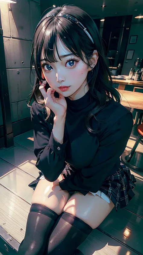 Full body image, Persona 4 Yumi Ozawa, black medium hair, narrow face, Narrow Eyes, Double eyelids, Wearing a black plaid skirt, black shirt, black shoes, white knee high stockings, Looking at Viewer, (Detailed Face), sitting (sitting 1.4), Bust, Long Legs...